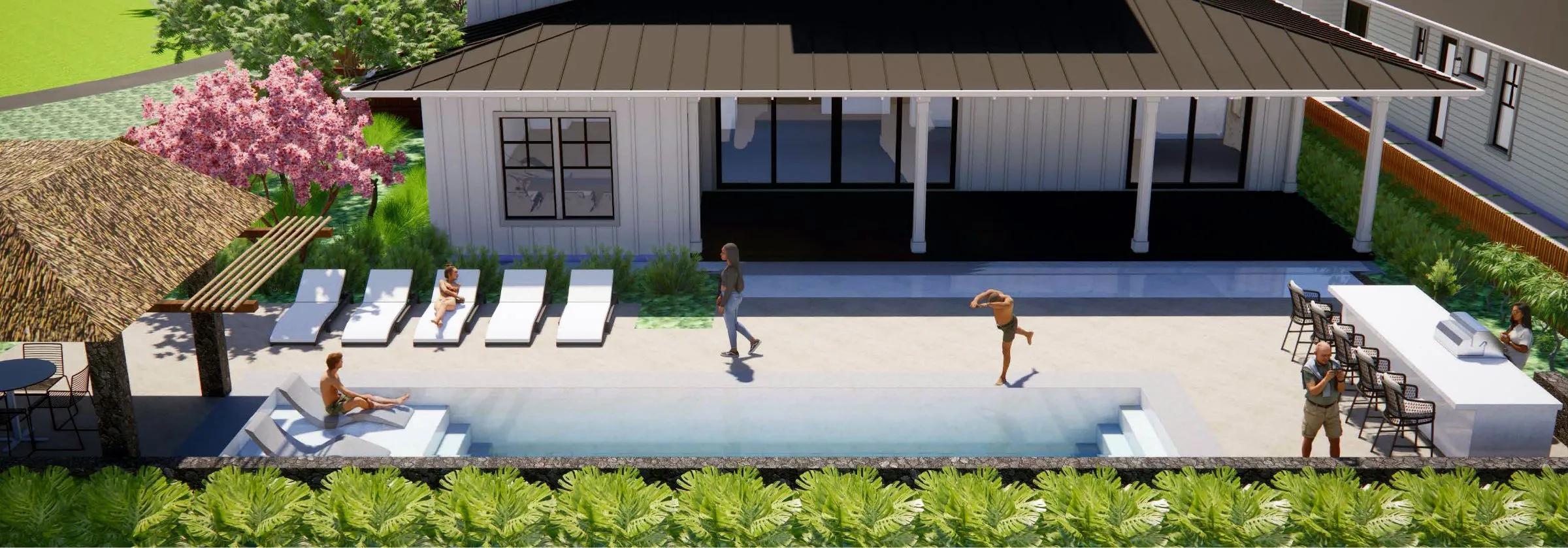 Modern backyard with pool, lounge chairs, and people relaxing.