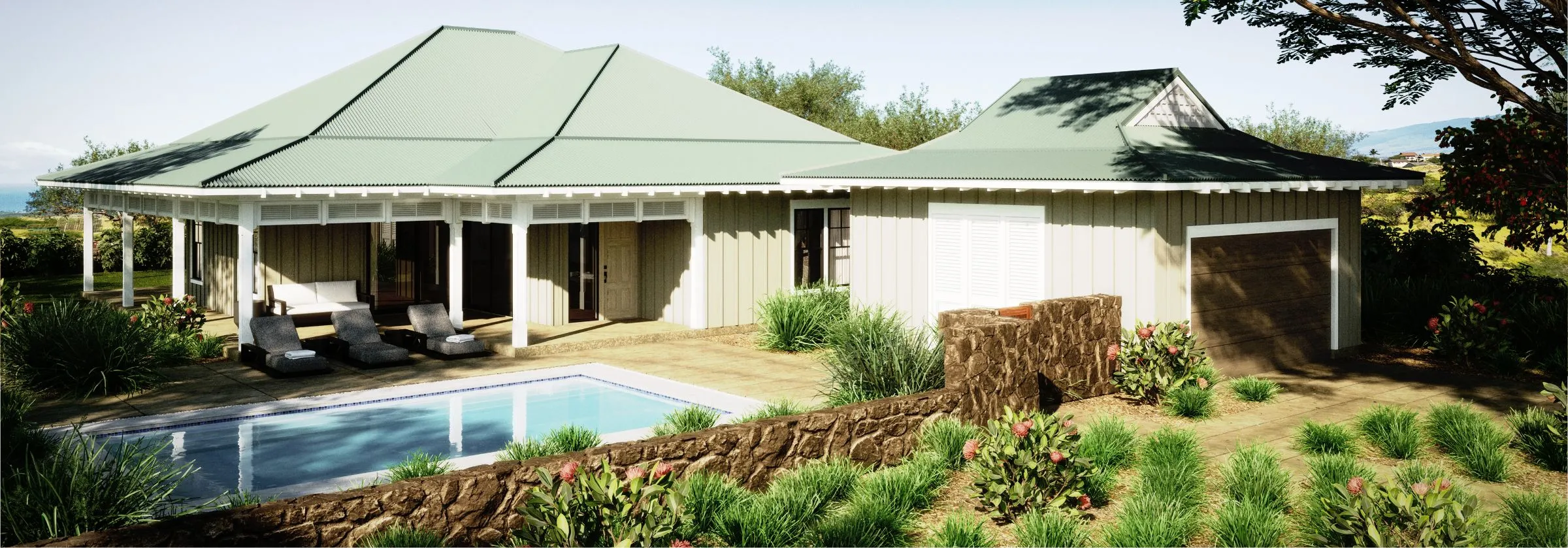 Single-story house with pool, surrounded by greenery and trees.