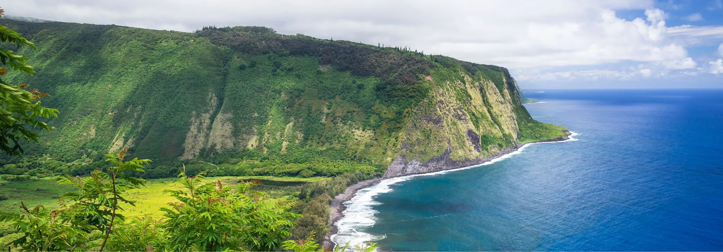 Lush green cliffs overlooking a blue ocean under a partly cloudy sky.