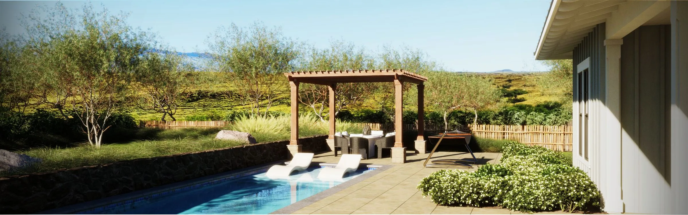 Backyard with pool, pergola, lounge chairs, and surrounding greenery.