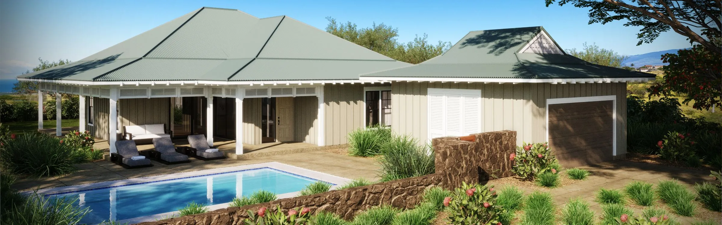Single-story house with pool, patio, and garden in a sunny setting.