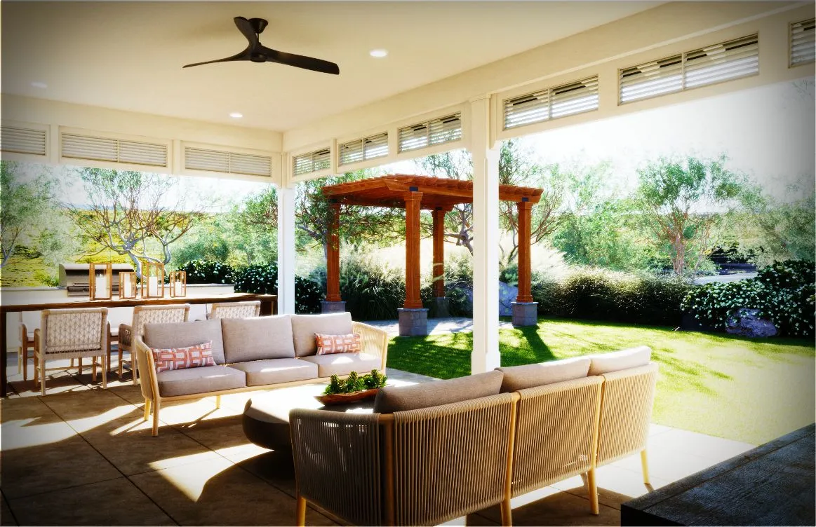 Covered outdoor patio with seating dining area and a wooden pergola in the yard.