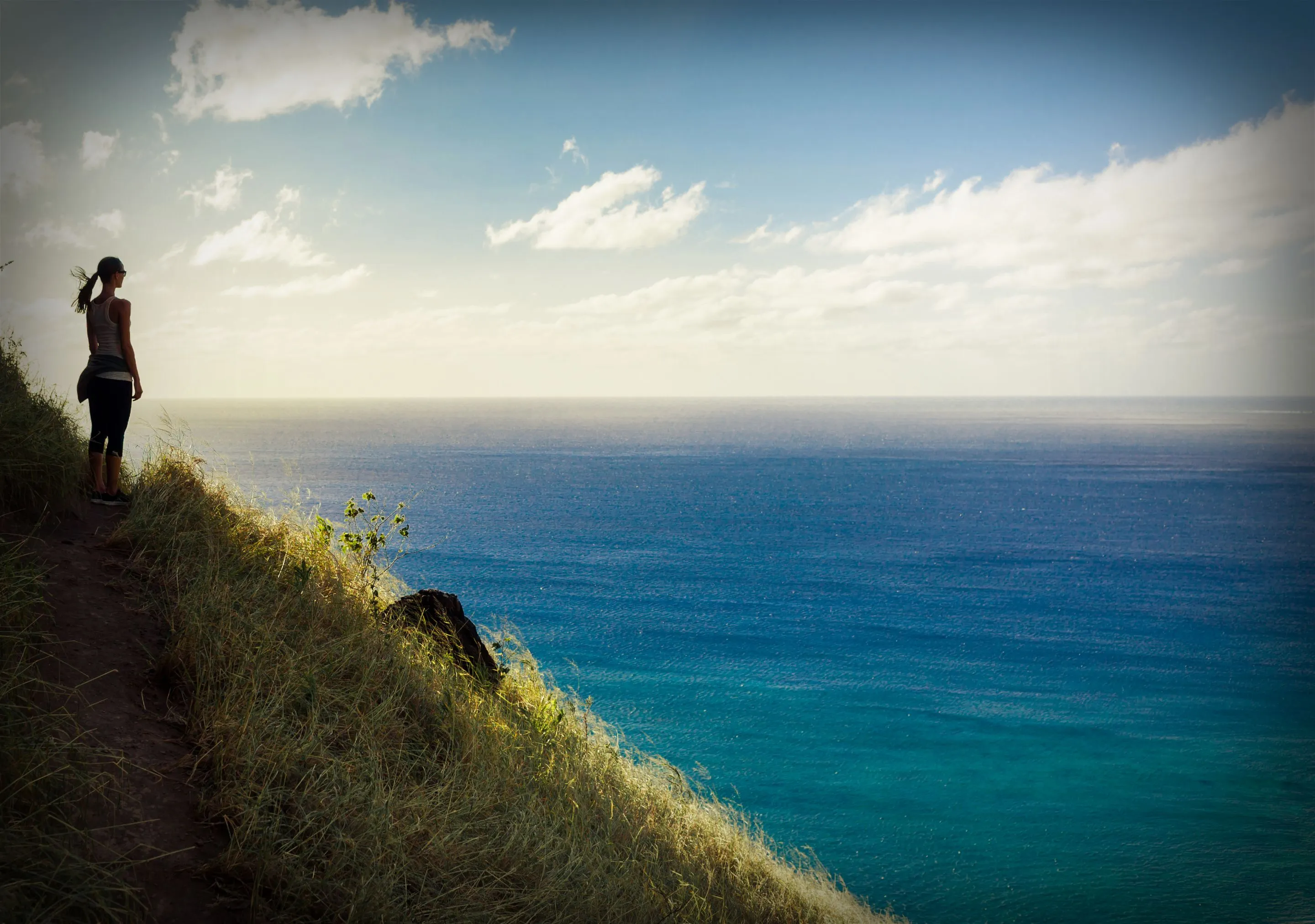 Person standing on a grassy cliff overlooking the ocean under a blue sky.