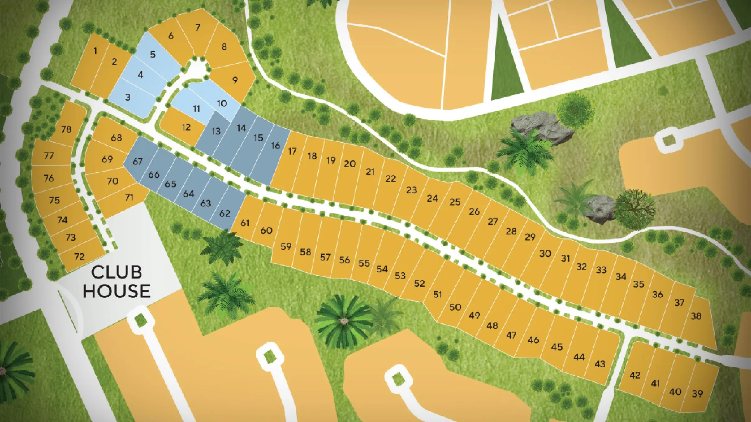 Map of residential lots with clubhouse and landscaped areas.