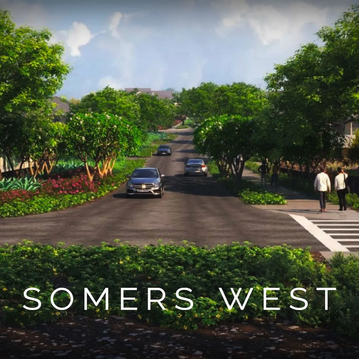 Street view with cars, trees, and pedestrians at Somers West.