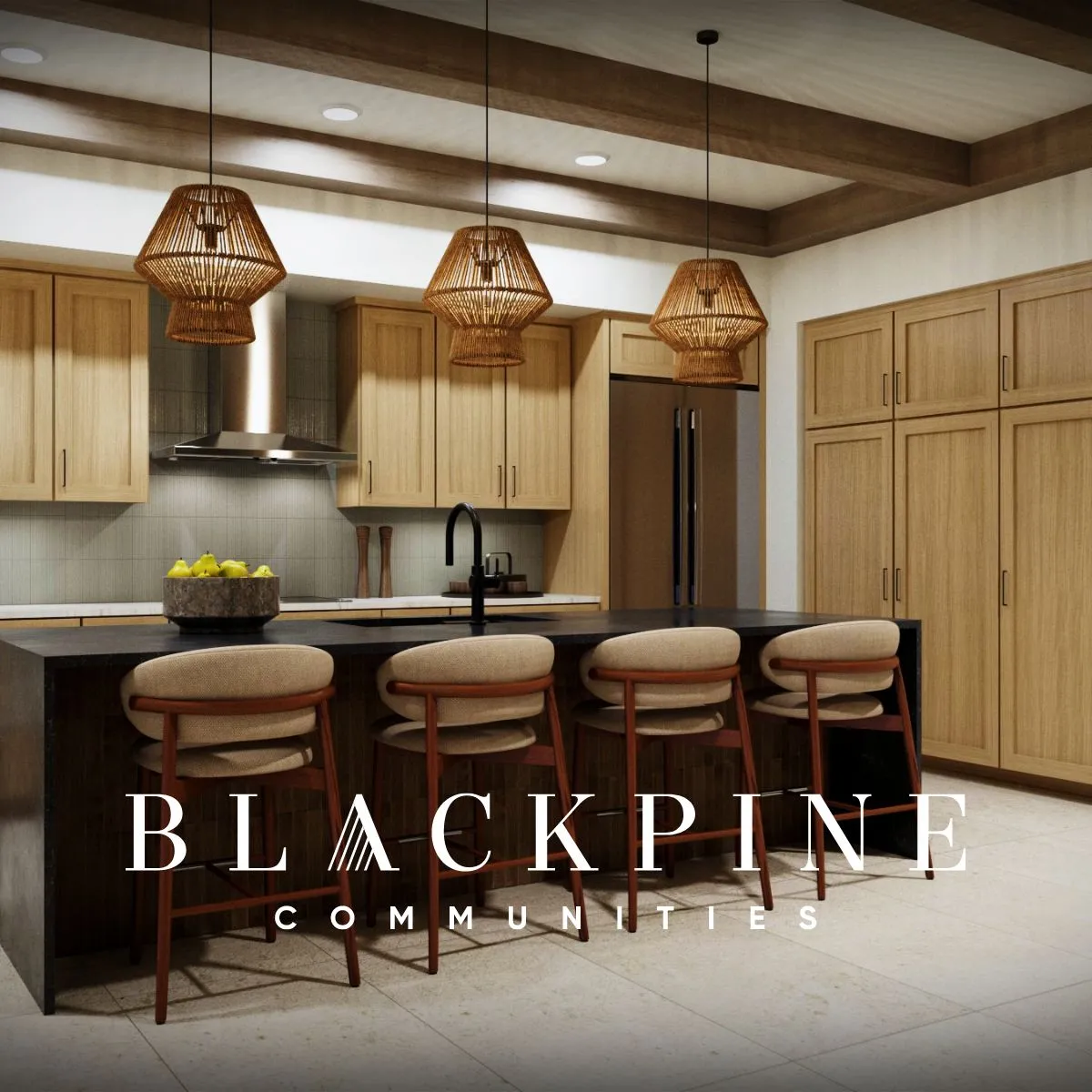 Modern kitchen with wooden cabinets, island, and pendant lights. Blackpine Communities logo displayed.