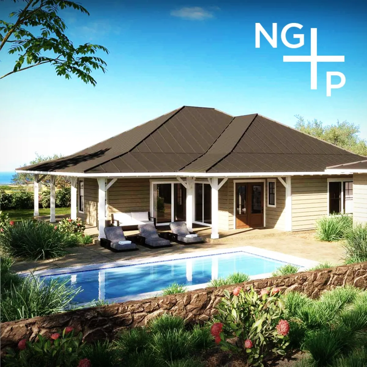 Modern house with pool, surrounded by greenery, under a clear blue sky.