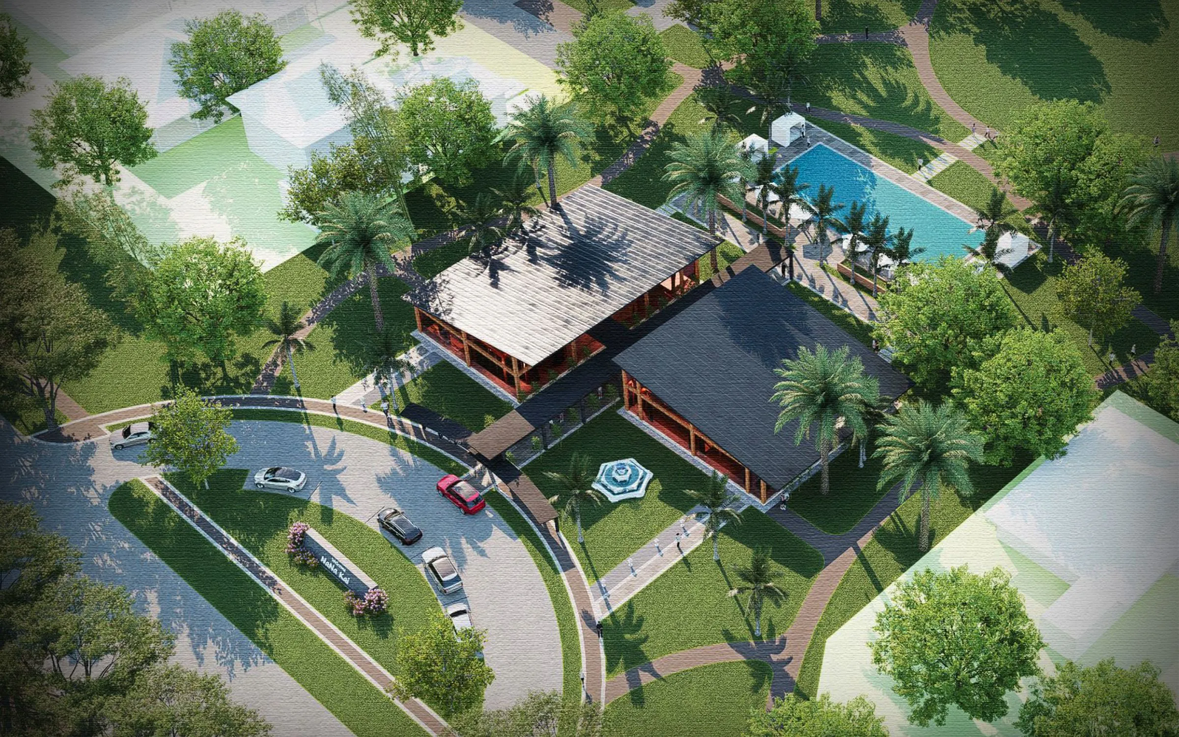 Aerial view of a modern house with pool and surrounding greenery.