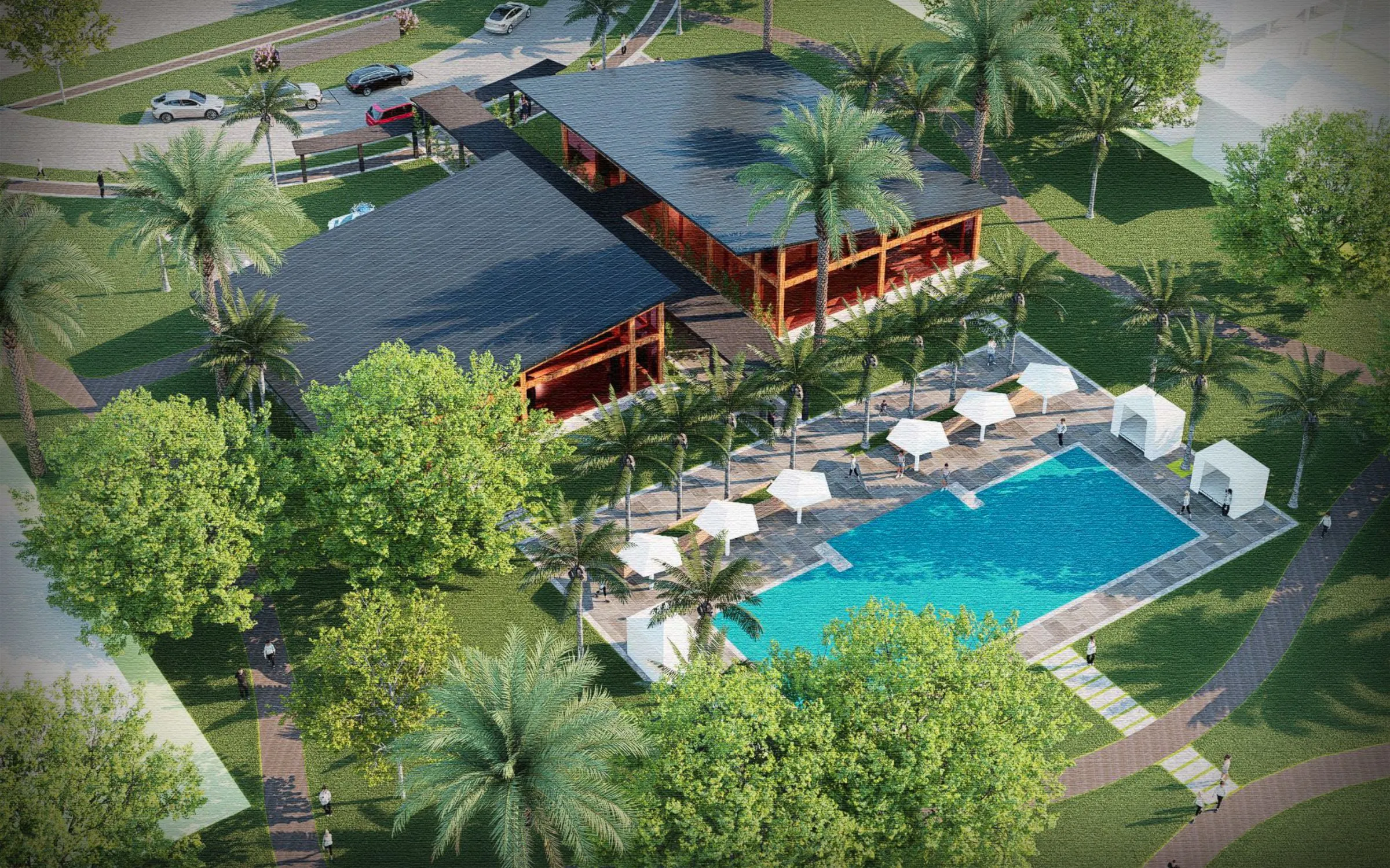 3D rendering of a tropical resort featuring a pool surrounded by palm trees under a clear blue sky.