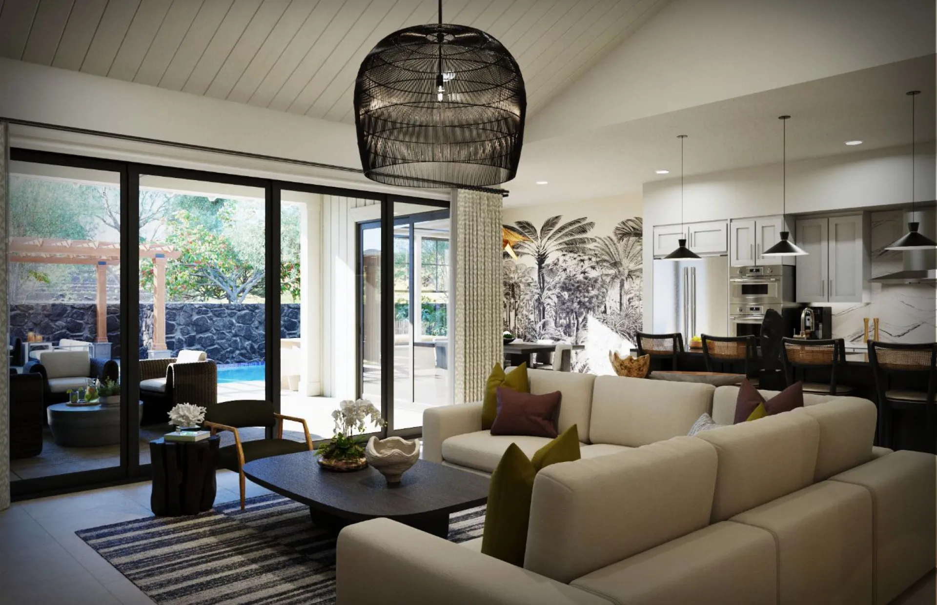 A spacious living room featuring a large window and an expansive dining area, filled with natural light.