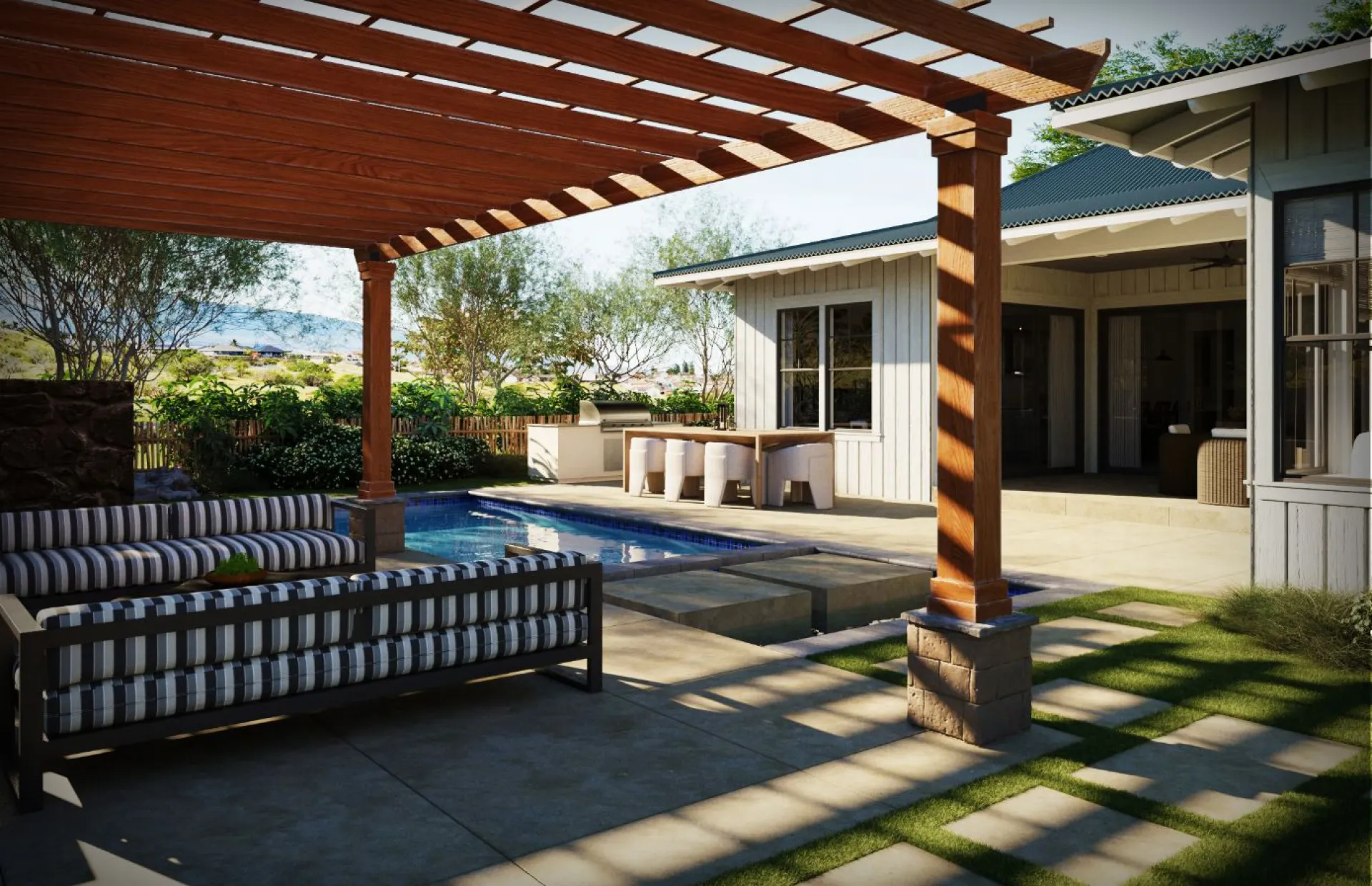 Backyard with pergola, pool, and modern house in the background.