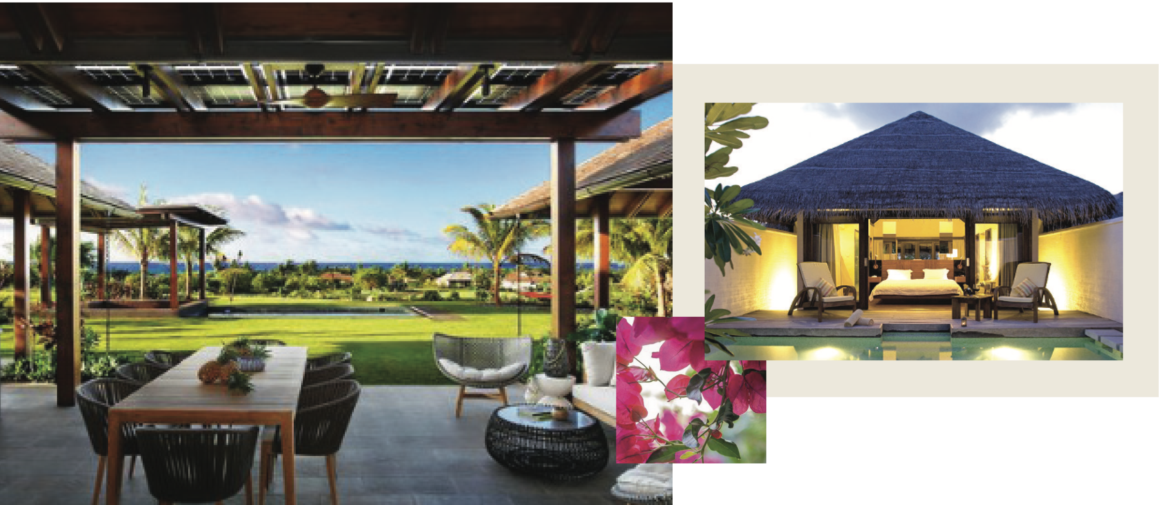 A luxurious open-air dining area overlooks a green garden and ocean. Nearby, a thatched-roof villa with a pool is visible. Pink flowers decorate the scene, evoking the serene beauty of Nānā Kai on the Big Island, where new homes blend seamlessly with nature's allure.