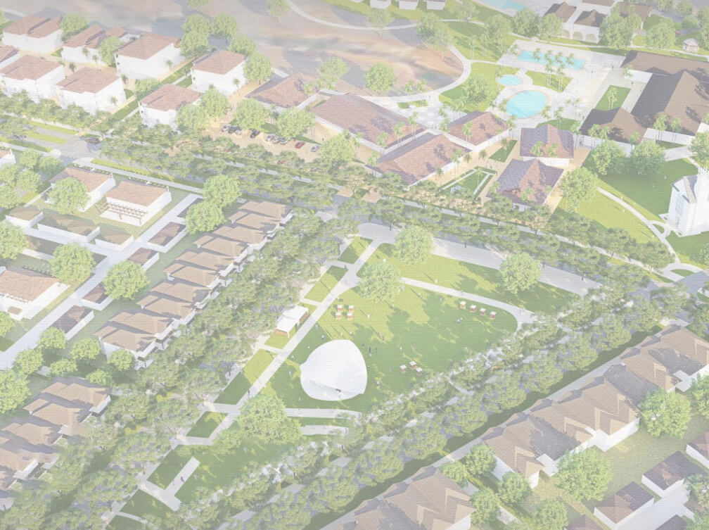 Aerial view of a residential area in Nānā Kai on the Big Island, showcasing modern new homes nestled among lush trees and roads, with a central park featuring green spaces and a striking white dome-shaped structure.