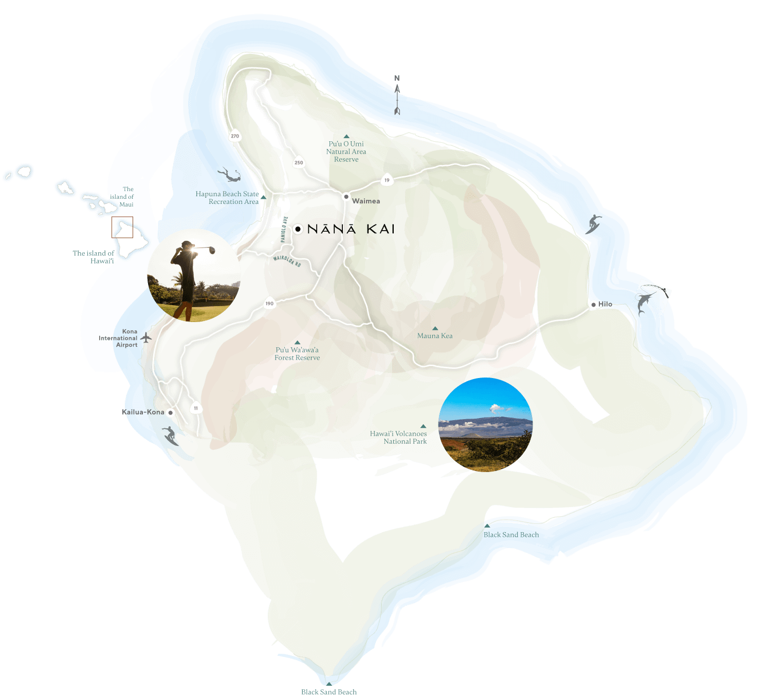 A map showcasing Nānā Kai with highlighted points of interest, including beach and park areas, offers a glimpse into the vibrant surroundings near Hawaii's new homes.