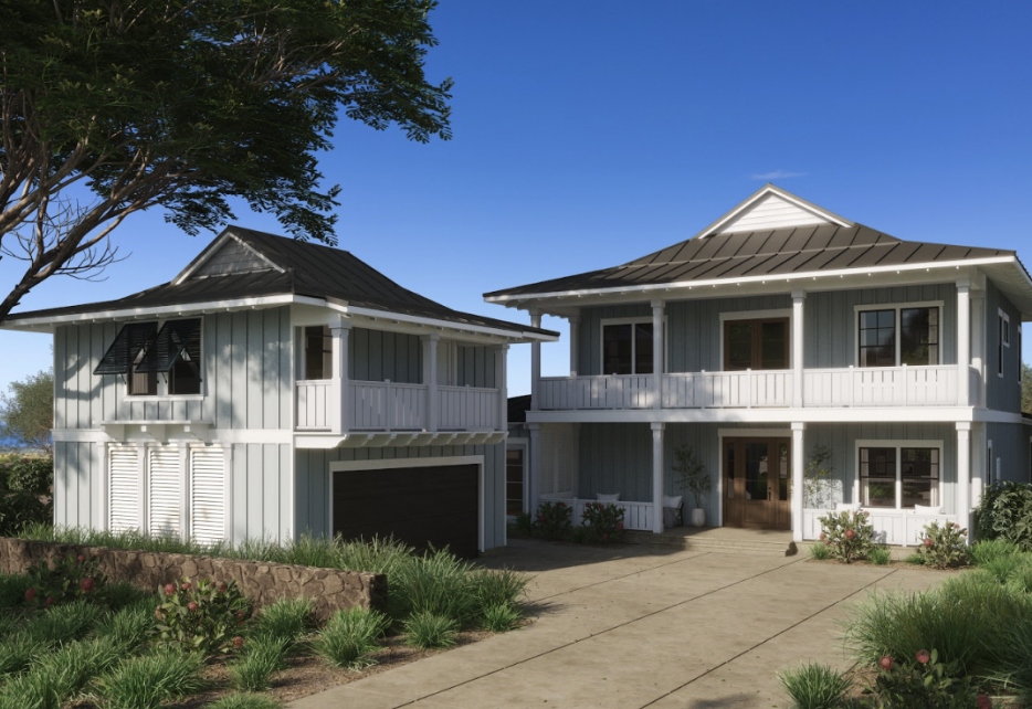 This two-story house, with its separate garage on the left and surrounded by lush greenery, offers a serene escape under the clear blue sky. Experience Nānā Kai living as you explore beautiful Big Island new homes like this one.