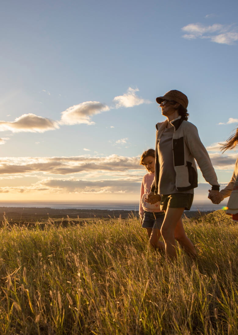 A person in a hat walks hand-in-hand with two children across a grassy field at sunset, their silhouettes framed against the vibrant hues of the Hawaiian sky, perhaps dreaming of new adventures and cherished memories on the Big Island.