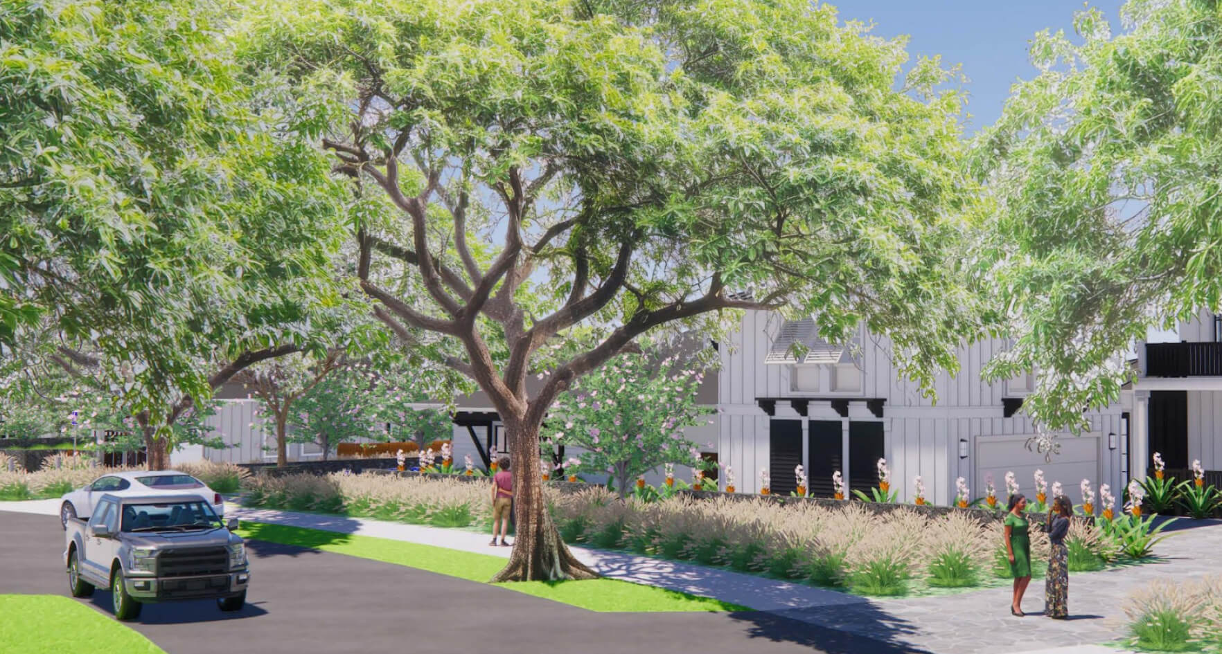 A street scene with a large tree, a parked truck, and two people standing on the sidewalk near a building adorned with lush greenery evokes the inviting charm of Nānā Kai on the Big Island, where Hawaii new homes blend seamlessly into the natural landscape.