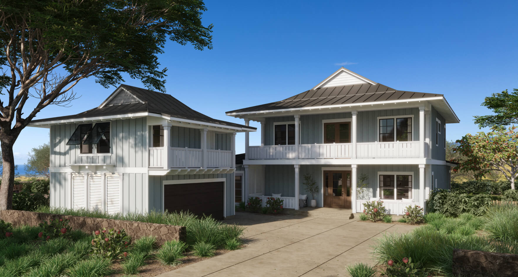 A two-story modern house in Nānā Kai, featuring a detached garage, white exterior, and dark roof. Surrounded by lush greenery under a blue sky, this residence epitomizes the allure of Hawaii new homes.