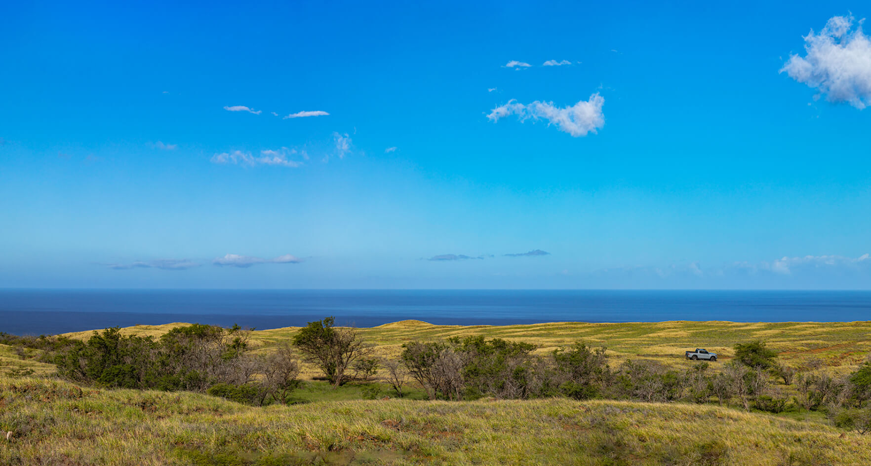 A car is parked on a grassy hill with scattered trees, overlooking the ocean under a clear blue sky with a few clouds—capturing the serene beauty of Nānā Kai on Hawaii's Big Island.