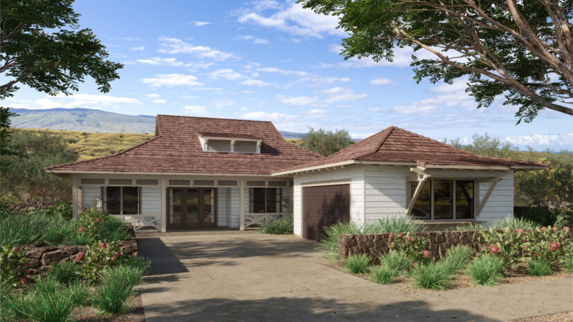 A one-story house with a sloped roof and attached garage, surrounded by greenery and trees, under a blue sky with clouds.