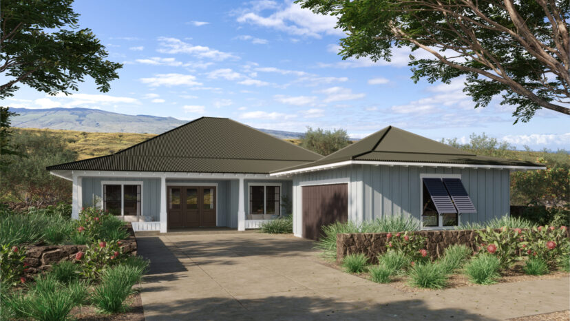 A single-story house with a gray exterior, large windows, and a garage. Surrounded by shrubs and trees, it sits under a blue sky with distant hills in the background.