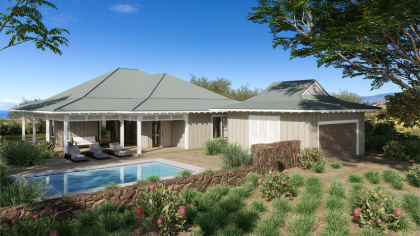 A single-story house with a green roof, patio, and pool, surrounded by gardens and trees under a clear blue sky.