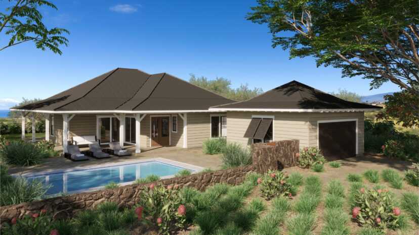 A modern single-story house with a dark roof, an outdoor pool, lounge chairs, and a garage, surrounded by lush greenery under a clear blue sky.