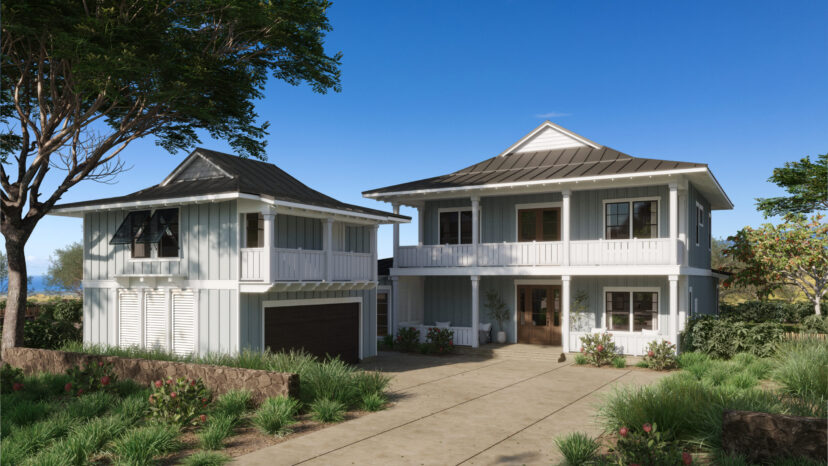 A two-story, white house with a garage and a detached guesthouse. Surrounded by green landscaping, it has a driveway and is set against a clear blue sky.