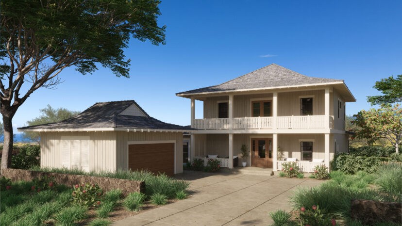 Two-story house with white siding, a wraparound porch, and a garage. Surrounded by greenery on a sunny day.