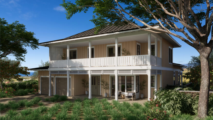 Two-story house with a wrap-around balcony and covered porch, surrounded by trees and greenery under a blue sky.