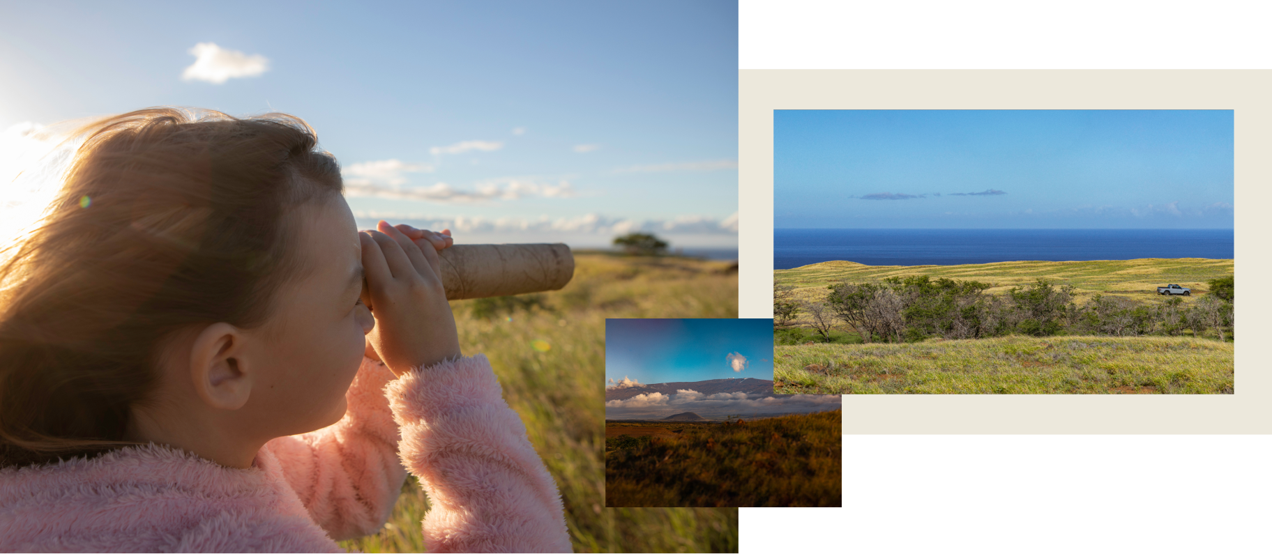 A child in a pink sweater looks through a cardboard tube at a grassy landscape under a blue sky. Nearby, photos depict a grassy field and a coastal view with a vehicle in the distance.