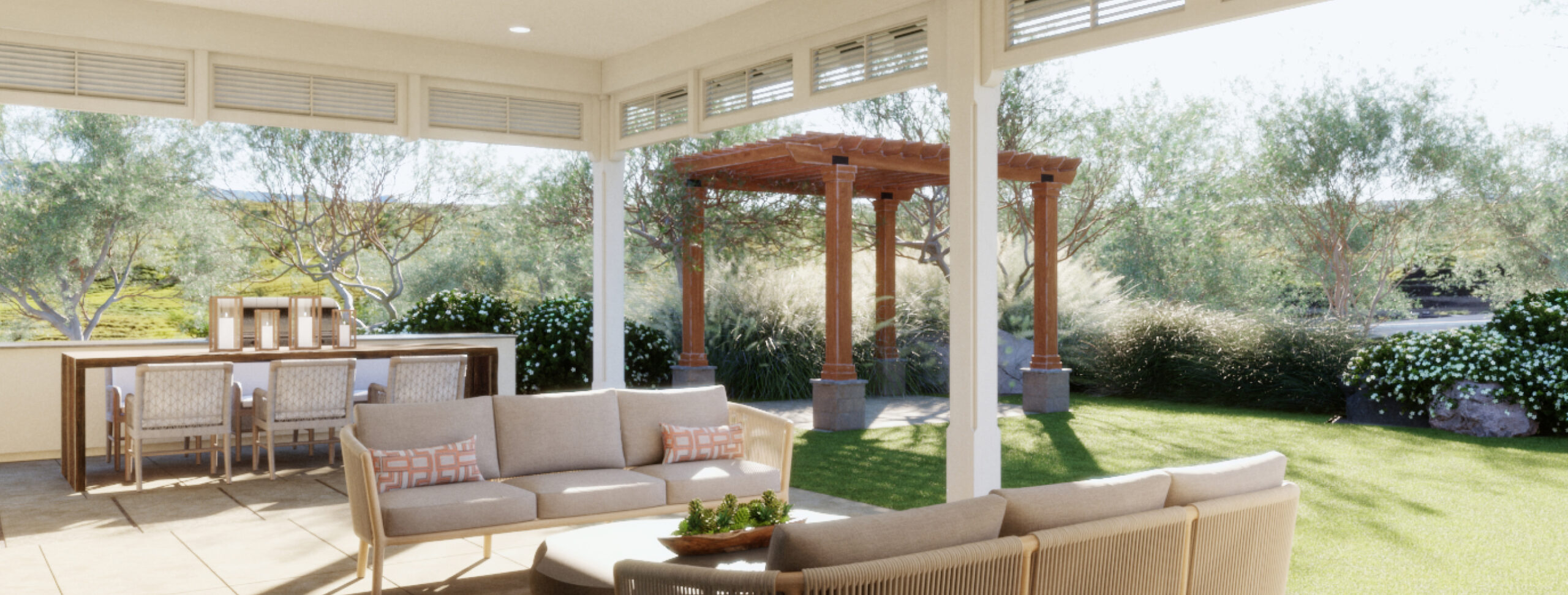 Covered patio with beige furniture and a view of a garden featuring a wooden pergola and greenery. Outdoor dining table with chairs on the left.