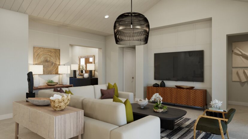 Modern living room with a white sofa, black pendant light, large TV, decorative artwork, wooden furniture, and green accents.