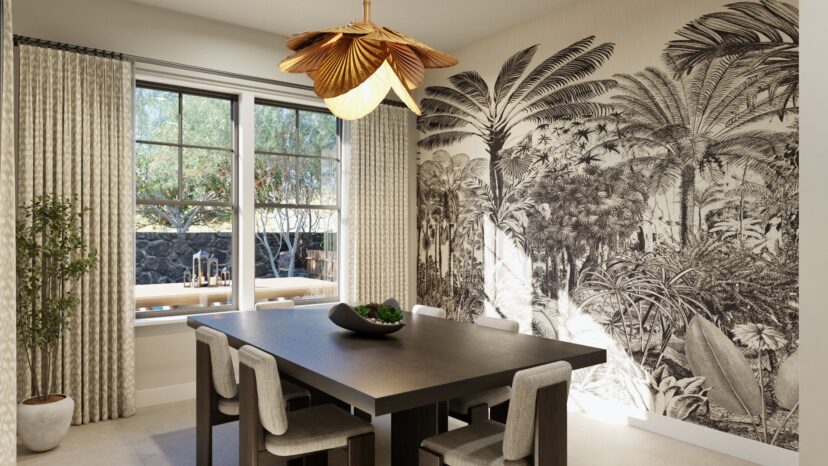 A dining room with a dark wood table, white cushioned chairs, a large tropical mural, and a leaf-shaped chandelier. Pale curtains frame a window with garden views.