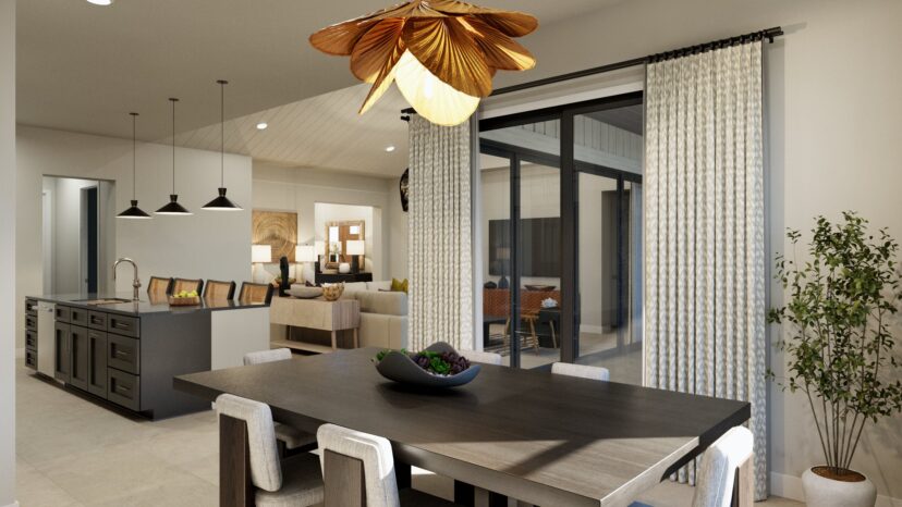 Modern open-plan living and dining area with a large wooden table, pendant lighting, and a kitchen island. A leafy plant sits by the sliding glass doors with light curtains.