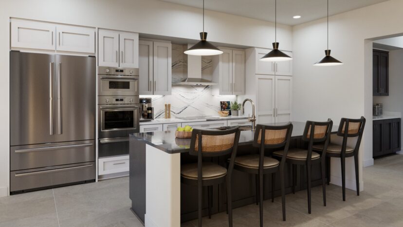 Modern kitchen with a large island, bar stools, stainless steel appliances, and white cabinetry. Three pendant lights hang above the island.