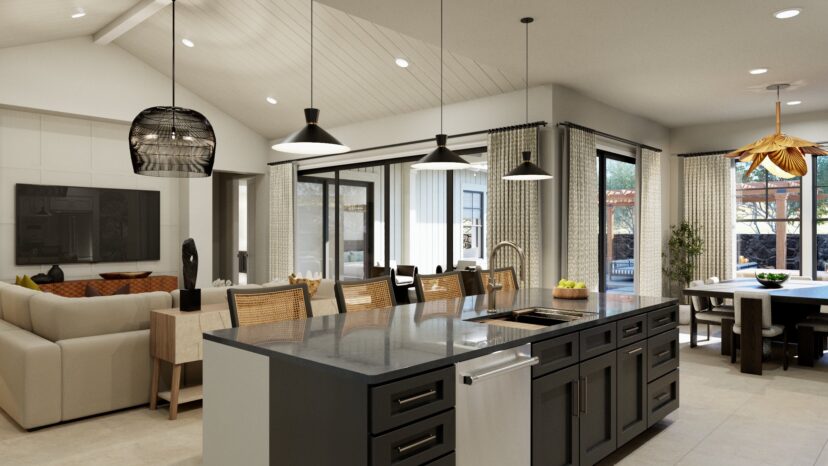 Modern open-concept kitchen and living area with a large island, pendant lighting, dining table, and sliding glass doors leading to an outdoor space.