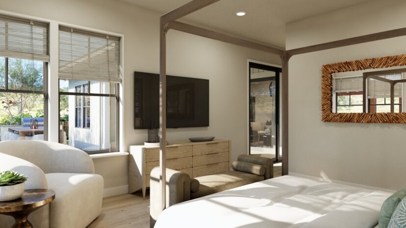 Bedroom with a four-poster bed, wall-mounted TV, dresser, and large windows. A mirror hangs on the wall, and a patio is visible outside.