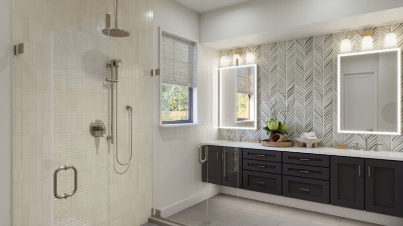 Modern bathroom with a glass shower, black cabinets, large mirrors, and patterned wall tiles.