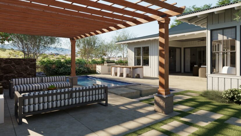 Backyard with a pergola, cushioned seating, small pool, and modern house exterior with a patio.