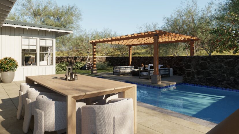 Backyard view with a pool, wooden pergola, outdoor seating, and a dining area. Trees and a stone wall surround the space.