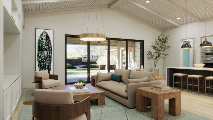 Modern living room with beige sofa, wooden coffee table, two armchairs, and large windows opening to a patio. Hanging pendant lights illuminate the space.