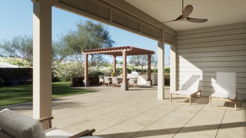 Outdoor patio with tiled floor, wooden pergola, seating area, and two lounge chairs. Ceiling fan visible. Greenery in the background under a clear blue sky.