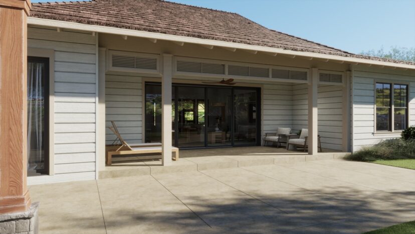 A patio with a wooden chair, small table, and two chairs. Sliding glass doors lead inside a house with light siding and a sloped roof.