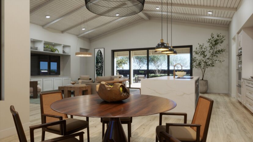 Modern open-concept living room and kitchen with wooden dining table, chairs, and a large window view. Neutral tones and a high ceiling create a spacious feel.