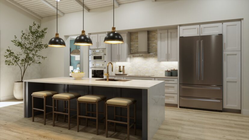 Modern kitchen with a large island, pendant lights, bar stools, stainless steel appliances, and light wood flooring.