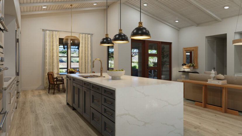 Modern kitchen with a marble island, pendant lights, and wood flooring. A window and French doors provide natural light. A seating area is visible in the background.