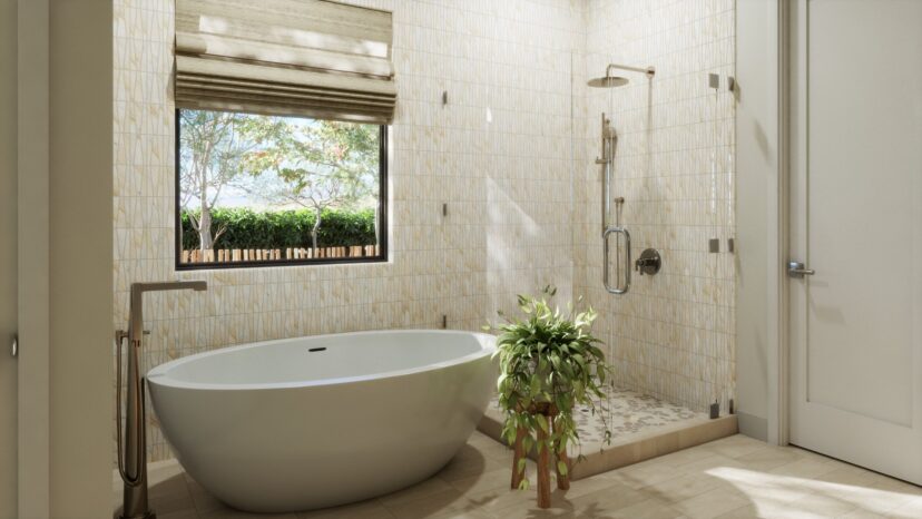 A bathroom with a freestanding bathtub, a glass-enclosed shower, and a plant. A window with a brown blind lets in natural light. The walls and floors are covered in light tiles.