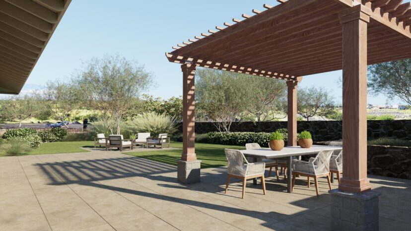 A patio with a pergola featuring a dining table and chairs. The area is landscaped with shrubs, trees, and outdoor seating.