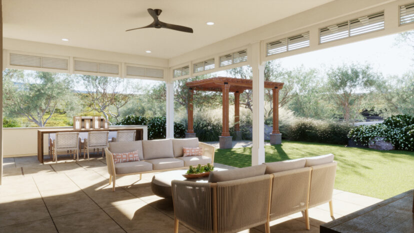 Spacious outdoor patio with sofa and chairs, dining table, ceiling fan, and wooden pergola, surrounded by greenery and trees.